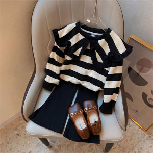 Bear Leader Baby Girls Clothing Set 2024 New Spring Autumn Lace Neck Striped Long Sleeved Top+flared Pants Two Piece Set
