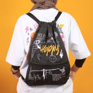 (Bisa COD) Tas Serut Anti Air Water Proof String Bag / Draw String / Gym Sack Tas Olahraga Pria Kekinian Motif HAPPY