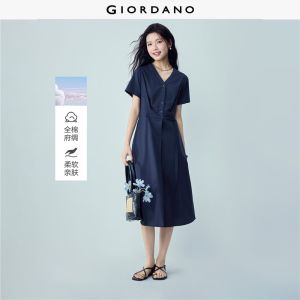 Giordano Women 100% cotton pleated v-neck belted midi dress Free Shipping 05466081