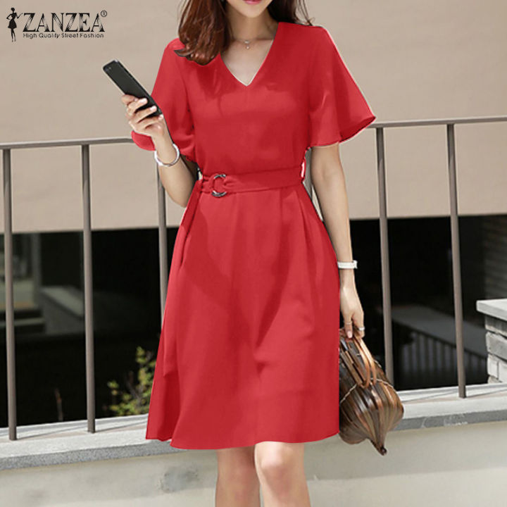 Queean ZANZEA Korean Style Women Elegant Flare Sleeve V-Neck Red