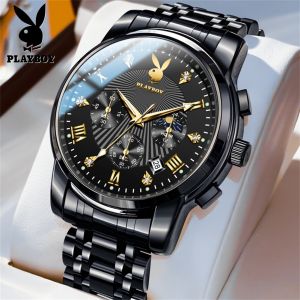 PLAYBOY New Style Watch For Men Waterproof Original Brand Stainless steel strap Casual Luminous Date Business Quartz Watches