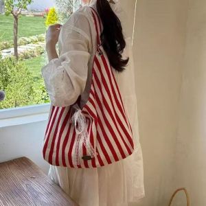 Casual Lace Bow Striped Shoulder Bag Letter Double-sided Canvas Tote Bag Korean Style Large Capacity Cloth Handbag Outdoor
