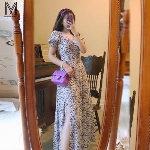 CACNCUT Korean Style Floral Dress Women Fashion Chiffon Bubble Sleeve Short Sleeve Floral Dress