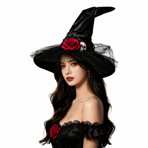 NEMOPH Black Halloween Witch Hat Spider Bat Pointed Wizard Hat Classic Rose Flower Black Pointed Cap Halloween Party