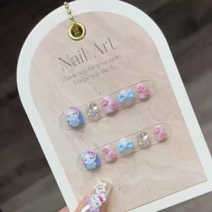 [HANDMADE]Artificial ChildrenS Nail Cute Hello  Light Pink Blue Bow Flower Cartoon Short Style Phototpy Nails Boys Girls Fashion Reusable and Removable Nails