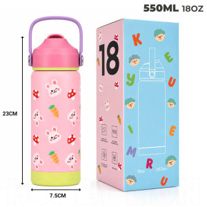 Kids Flip Lid Straw Bottle 360ml/550ml Leakproof Vacuum Cup with Dustproof Cover One Hand Open for School Travel Camping- HoneyLion