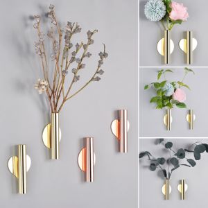 Nordic Style Wall Mounted Flower Tube Non Perforated Metal Vase Decoration Holder to Display Dried Flowers Fake Flowers