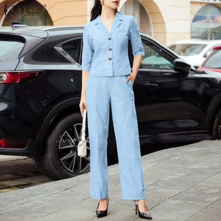 Zanzea Korean Style Women 2pcs Sets 34 Sleeve Lapel Blazer Elastic Waist Straight Pants Loose 9809