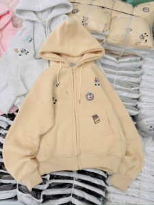Áo Khoác Nữ nỉ bông logo thêu HAPPY CAT Mèo và Dừa Túi Trong Form Rộng Dài Áo Hoodie Zip Dây Kéo Phao Top Chống Nắng