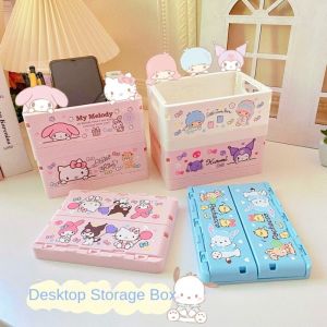 Cute Sanrio Kuromi My Melody Foldable Storage Box Portable Mini Table Top Box Plastic Sundries Box Cosmetics Storage Box