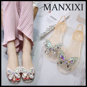 MANXIXI Women Fashion Beautiful Jelly Flat Sandals Butterfly Inlay Flat Sandals(Size 35-40)