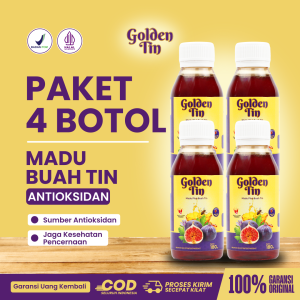 GoldenTin - Madu Buah Tin Sumber Antioksidan dan Menjaga Kesehatan Pencernaan 180gr - Paket 4 Botol