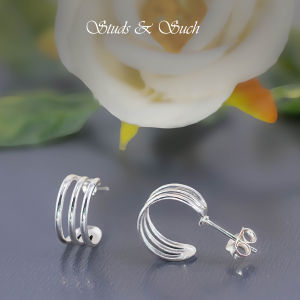 [Studs & Such] 925 Silver Triple-Bar J-Hoop Stud Earrings