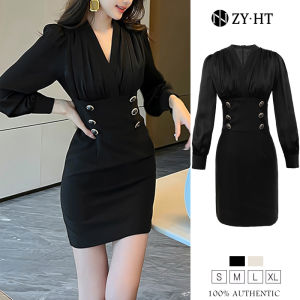 ZY·HT Korean Fashion Elegant Bodycon Dress Ladies High-Waist Slim Wrap Buttock Long-Sleeved Workplace  Office Party Dinner Dress 4248 eravogue