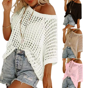 Womens Rỗng Đan thân trên đồ bơi Rỗng Bãi Biển đan móc Áo Thun Áo Tắm Coverup Áo Thun Với tay ngắn Cho Bãi Biển