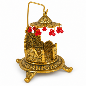 Decorative Metal Laddu Gopal Singhasan with Umbrella & Red Beads | Krishna Pooja Throne for Home Mandir Ganesh & Laddu Gopal | (Size-7x5 Inch | 1 Pc)