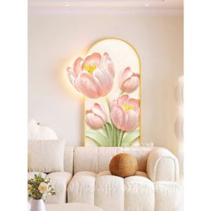 (ẢNH THẬT) Tranh treo tường đèn led hoa tulip hồng 15 trang trí decor làm quà tặng tân gia