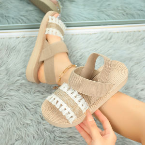 [Free Shipping] WomenS Flat Fringed Wedge-Heeled Sandals With Embossed Faux-Rope Detailing And Ethnic-Style Woven Straps