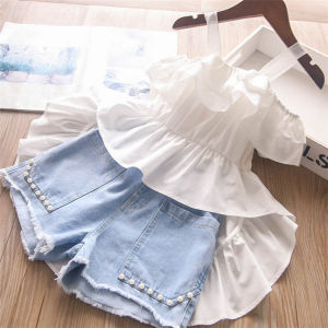 Bộ Quần Aó Trang Phục Bé Gái Mùa Hè Aó Lệch Vai Đuôi Tôm Hai Dây + Quần Sọc Denim