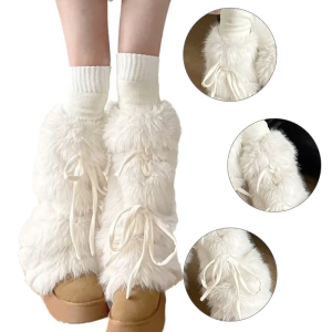 JK Girls Boot Cuffs Leg Warmers Women Winter Warm Harajuku Sweet Ribbon Bowknot Furry Plush White Boot Cover Long Socks