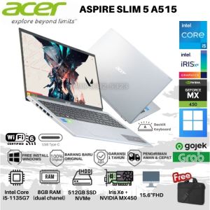 Acer Aspire 5 Slim A515-56G-559R CORE i5-1135G7 8GB 512GB SSD NVMe Intel Iris Xe NVIDIA MX450 15.6 FHD Wifi 6 - Silver (Promo)
