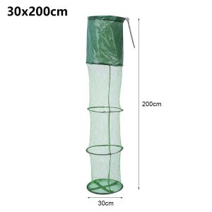 SPDD 1Pcs Nylon Mesh Fish Cage 30x200cm Steel SUS Ring Live Fish Trap Net Waterproof Gluing Coating Fish Basket River Sea Winter Fishing