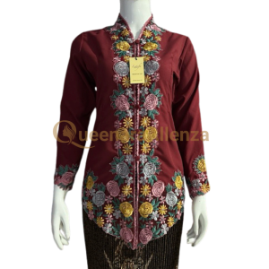 Kebaya Encim Bordir Merah Bata Motif Bunga Tangan Panjang Katun Mikro Premium Nuansa Modern