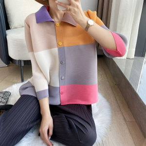 Women Pleated Blouse Three-Quarter Sleeve Covering Belly Thin Single-Breasted Blouse Collar JL001