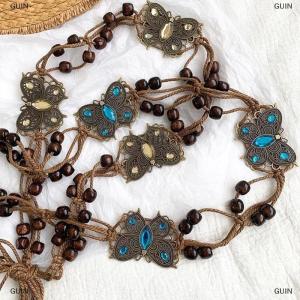 🎈🎀【Low price】GUIN Bohemian Style Butterfly Water Woven Ethnic Style Wooden Bead Womens Belt Casual Vacation Style Waist Rope