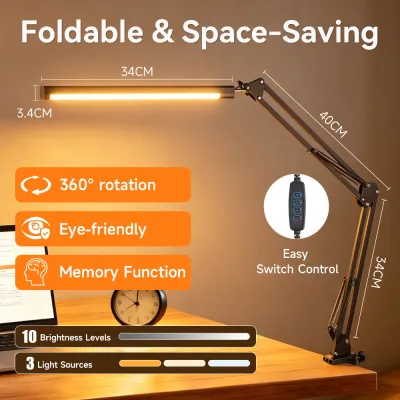CANMEIJIA LED Table Lamp Stepless Dimmable Double Head Desktop Reading Light Computer Monitor Light Clip USB Plug 3 Color Foldable Led Desk Lamps for Office Working Gaming Students Study Eyes Protection Lighting Fixture