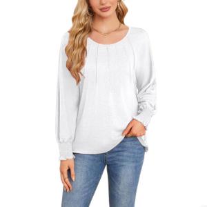 Womens Long Sleeve Shirts Pleated Casual Blouses with Smocked Cuffs F3MD
