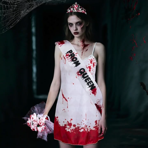 ชุดเดรสราตรีเปื้อนเลือดสำหรับงานฮาโลวีนงานพรอมชุดพระราชินีชุดกระโปรงราชินีมีสายคาดศีรษะอุปกรณ์แต่งตัวงานปาร์ตี้