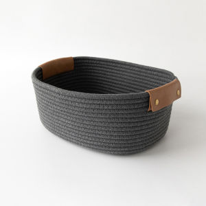 JustLiving 1Pc Cotton Rope Laundry Basket Handmade Look Woven Rope Storage Basket Storage Baskets for Shelves Dog Toy Bin Baby Basket Cotton Rope Baskets for Organizing with Leather Handles