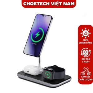 Bộ đế sạc magsafe 3 in 1 Choetech T589-F có chứng nhận MFI sạc cho điện thoại tai nghe đồng hồ thông minh