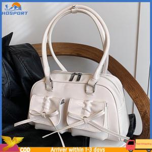 【Hospor】 Women Fashion Shoulder Bag Double Pockets PU Leather Stylish Underarm Bag with Bow Small Tote Bag Solid Color for Travel Vacation