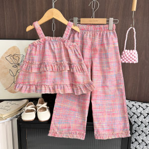 Menoea Rainbow Plaid Pleated Suspender+printed Wide Leg Pants Two-piece Clothing Set for Baby Girl Summer New Clothes Suits Korean Style Casual Wear 3 to 7 Years
