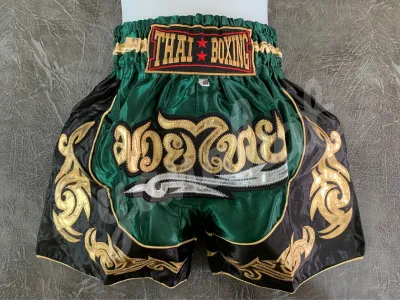 กางเกงมวย กางเกงมวยไทย ปักลายกนกทอง คุณภาพเยี่ยม ผ้าซาติน Kick Boxing Shorts ไซส์ M-XXXL สีเขียว