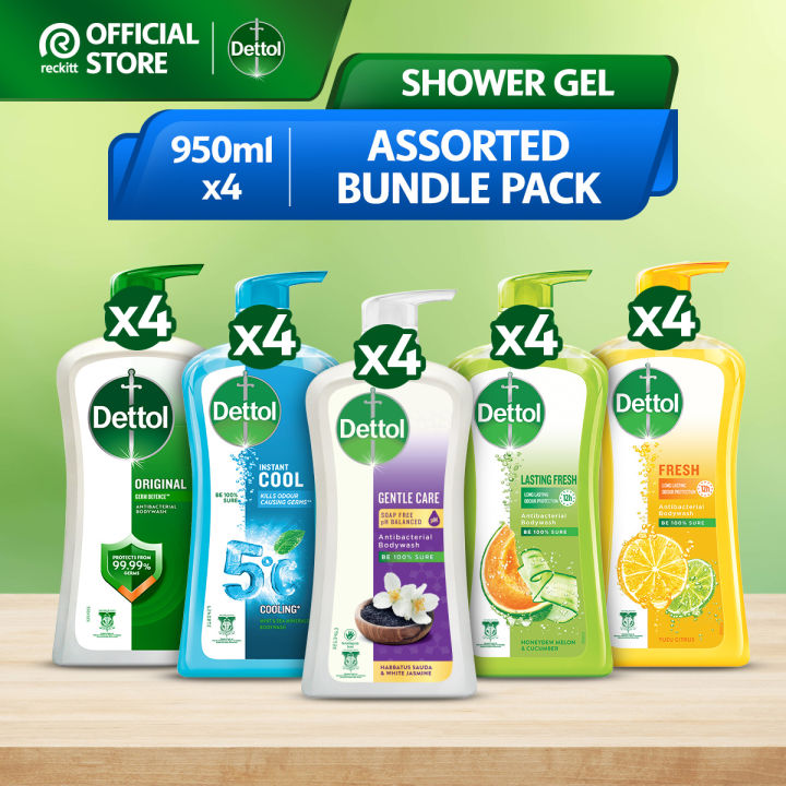 Dettol Shower Gel Antibacterial Body Wash 950ml X 4 Original Instant