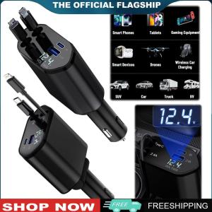 【New Arrival】 ที่ชาร์จในรถแบบดึงเก็บได้ USB C ชาร์จเร็วและปลอดภัย พร้อมไฟ LED สำหรับรถยนต์และการเดินทาง