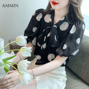 Ammin mùa hè mới v-cổ với Bow Streamer Polka in chấm bi đi lại áo cánh Vải Voan Nữ phiên bản Hàn Quốc phong cách ngọt ngào tay áo phồng Thời trang Ngắn Tay Áo Blouse thanh lịch