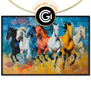 Tranh sơn dầu phong thủy mã đáo thành công 7 con ngựa hút tài lộc công danh tranh treo tường dán tường.CGI-726
