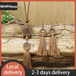 [COD] WHPHous Ship within 24 hours Bohemian Vintage Style Fringe Pendant Wood Circle Design Long Necklace Earrings Jewelry