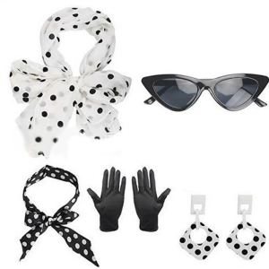5Pcs Rockabilly Costume Accessories 1950s Costume Scarf Headband Cats Eye Glasses Gloves 50s Clothing for Theme Party