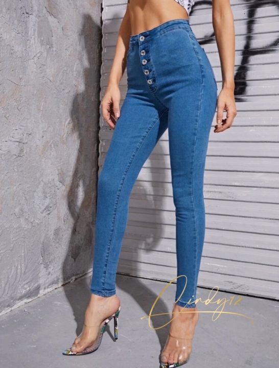 Cod Light Blue 5 Buttons High Waist Skinny Stretchable Pants For Womens Korean Jeans Lazada Ph 9467