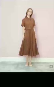 Blouse Dress with Belt Waist-Cinching Turn-Down Collar High-End Feel Short Sleeve Patchwork Pleated Skirt for Women 121236Z-A.