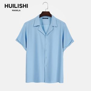 HUILISHI Cuban collar shirt mens short-sleeved 7-color summer trend tide brand high-end thin section loose casual drape ice silk shirt
