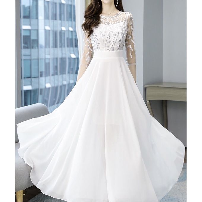 【Recoal&Mall】 M 4XL Plus Size Chiffon White Dress Long Women Mid Sleeve — free download