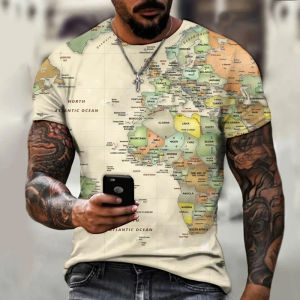 [Local Stock] VCC Fashion Map T Shirt Mens Harajuku Pattern Tees Summer Street Loose T-Shirts Short Sleeves Round Neck Tops 3D Printed World
