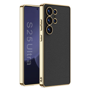 Luxury Plating S25 Ultra S25U Vegan Leather Case Back Cover Gloss Gold Accent Samsung Galaxy S25Ultra Casing Full Body Shockproof Soft TPU Protective Phone Case with Raised Bezel