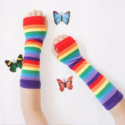 HOUCHU Outdoor Sweet Thin Printing Summer Sun Protective Knitting Gloves Rainbow Sleeve Cuff Striped Arm Warmers Female Arm Warmers